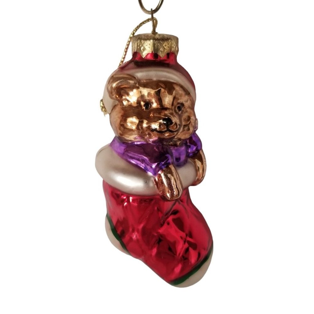 Christmas Ornament Glass Teddy Bear in Stocking Thomas Pacconi Museum Series
